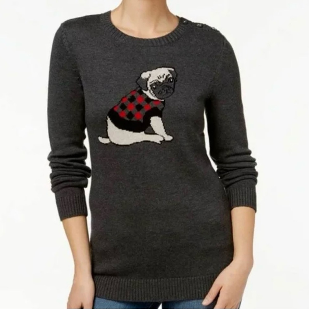 Charter Club Women’s Sweater with Pug Dog Design Crew Neck Dark Gray Size L